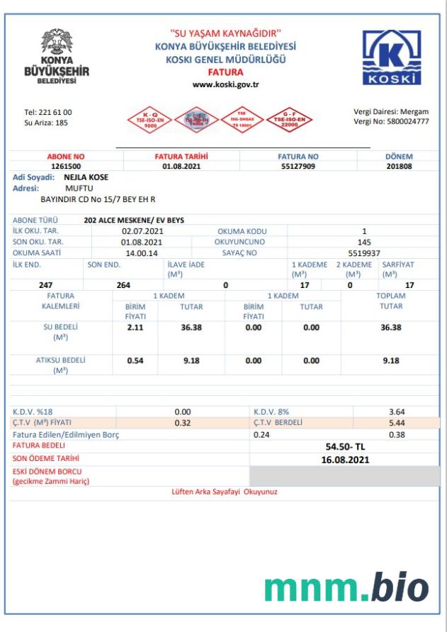 Szablon rachunku za wodę w Turcji w formacie Word i PDF
